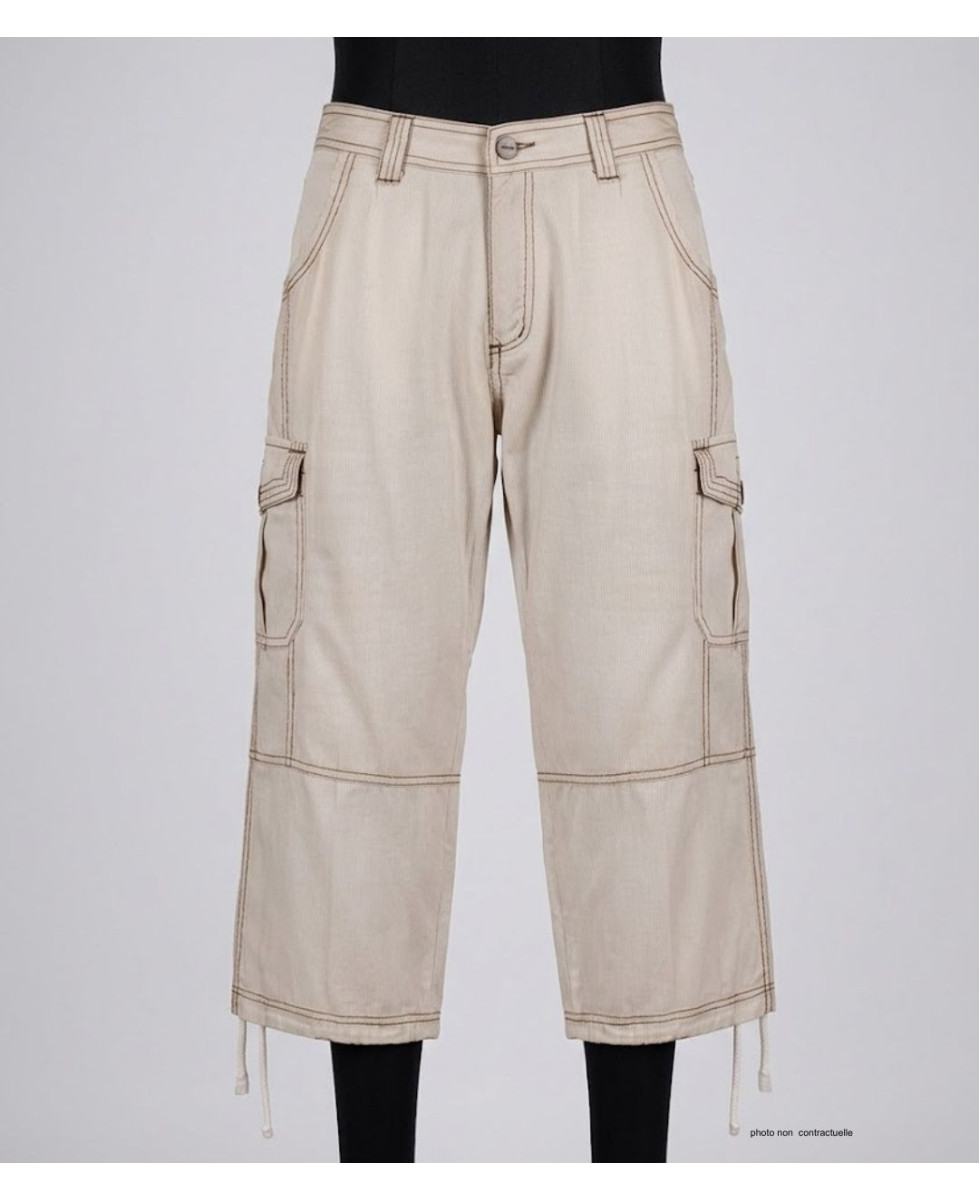 AXXANO AE1271B : Pantacourt Femme Rayé Blanc et Beige