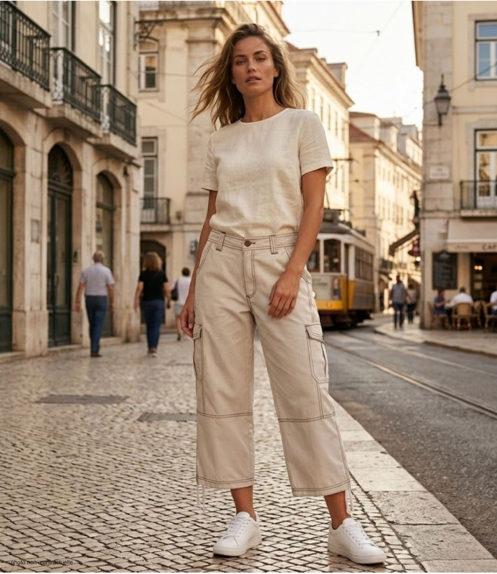 AXXANO AE1271B : Pantacourt Femme Rayé Blanc et Beige