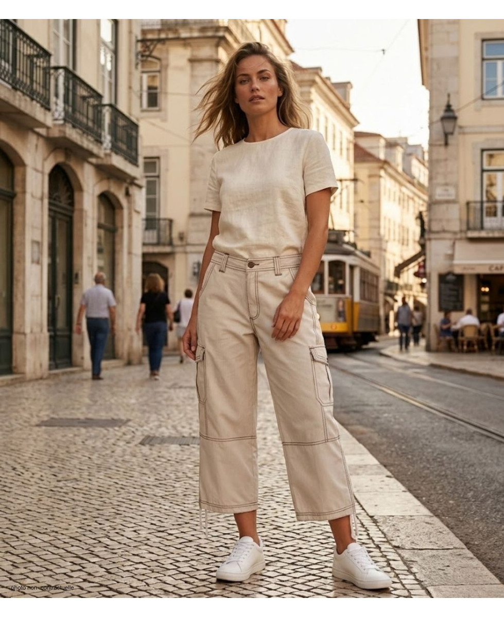 AXXANO AE1271B : Pantacourt Femme Rayé Blanc et Beige