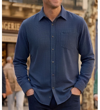 Chemise manches longues homme CHALLENGER modèle TIBAULT1 en flanelle de coton bleu et noir.