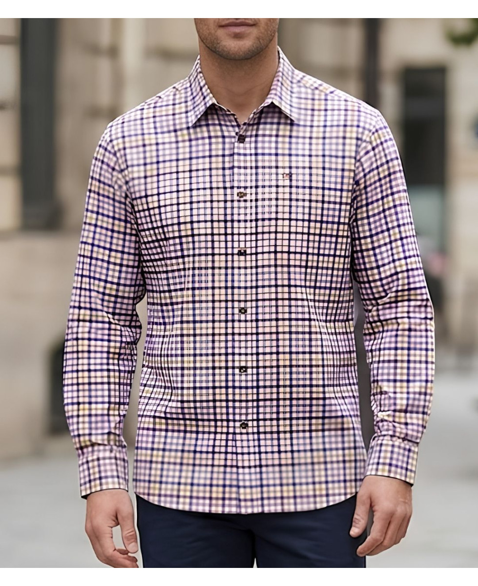 Chemise à manches longues CHALLENGER modèle TINTIN1 à carreaux bordeaux et marine en flanelle de coton.