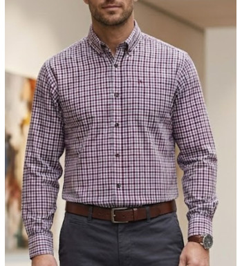 Chemise manches longues CHALLENGER modèle TRIAL1 en flanelle de coton à carreaux bordeaux, gris et rouge.