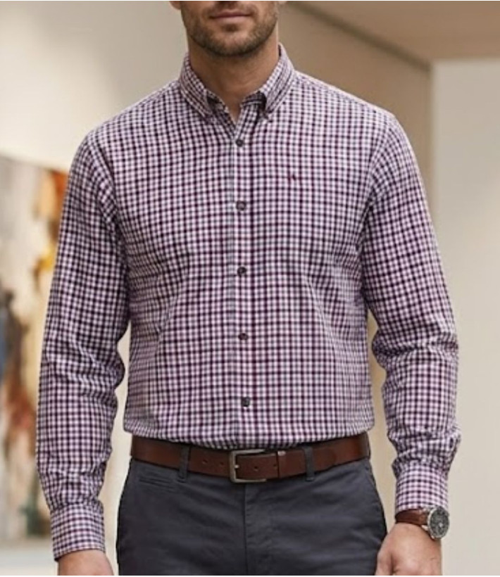 Chemise manches longues CHALLENGER modèle TRIAL1 en flanelle de coton à carreaux bordeaux, gris et rouge.