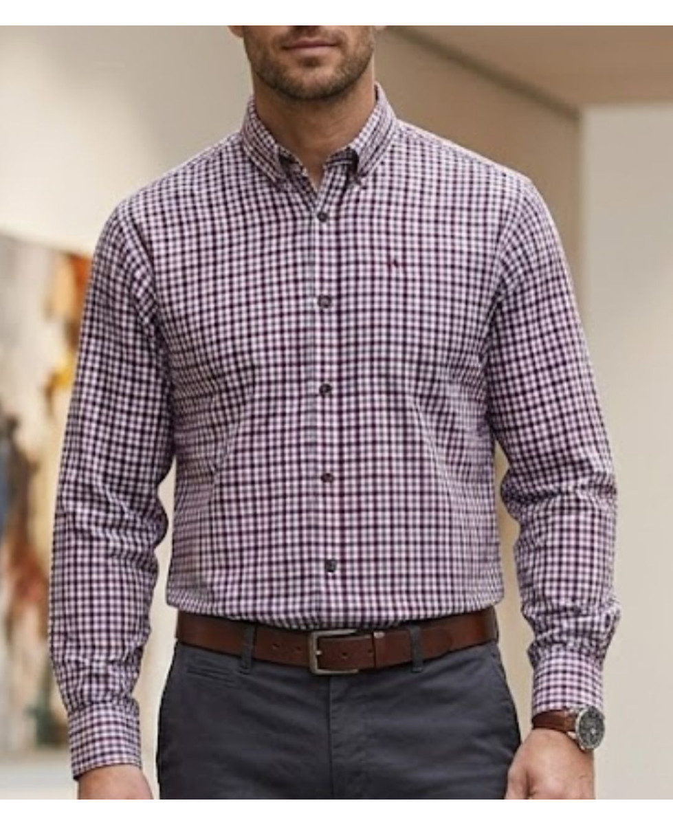 Chemise manches longues CHALLENGER modèle TRIAL1 en flanelle de coton à carreaux bordeaux, gris et rouge.