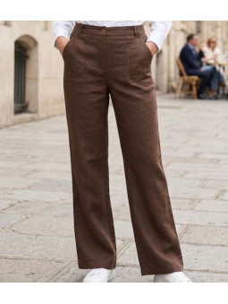 Pantalon femme en lin fluide coloris Choco