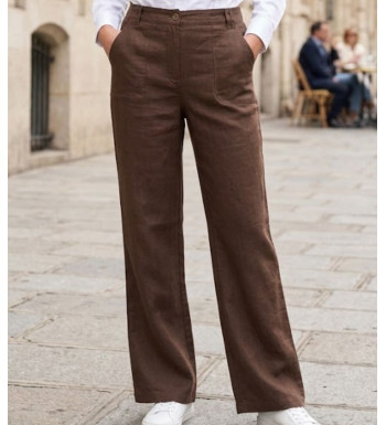 Pantalon femme en lin fluide coloris Choco