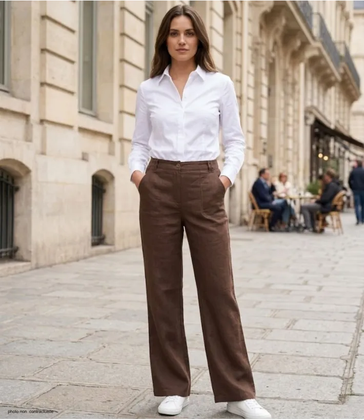 MAYFLOWER Basic Lin : Pantalon femme 100% lin Choco fluide