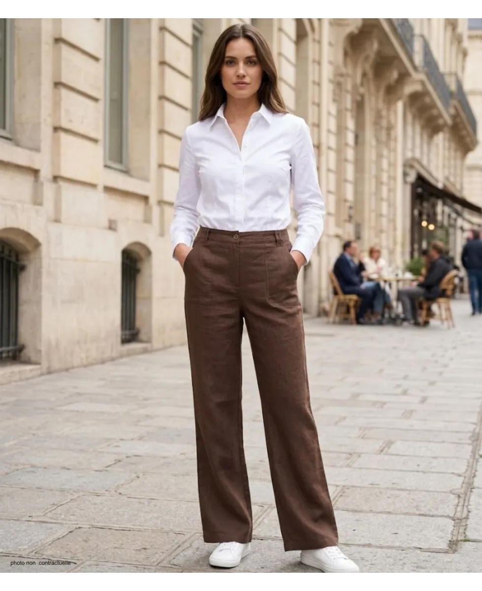 MAYFLOWER Basic Lin : Pantalon femme 100% lin Choco fluide