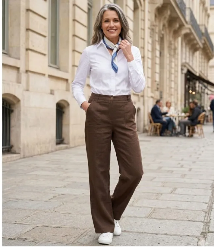 MAYFLOWER Basic Lin : Pantalon femme 100% lin Choco fluide