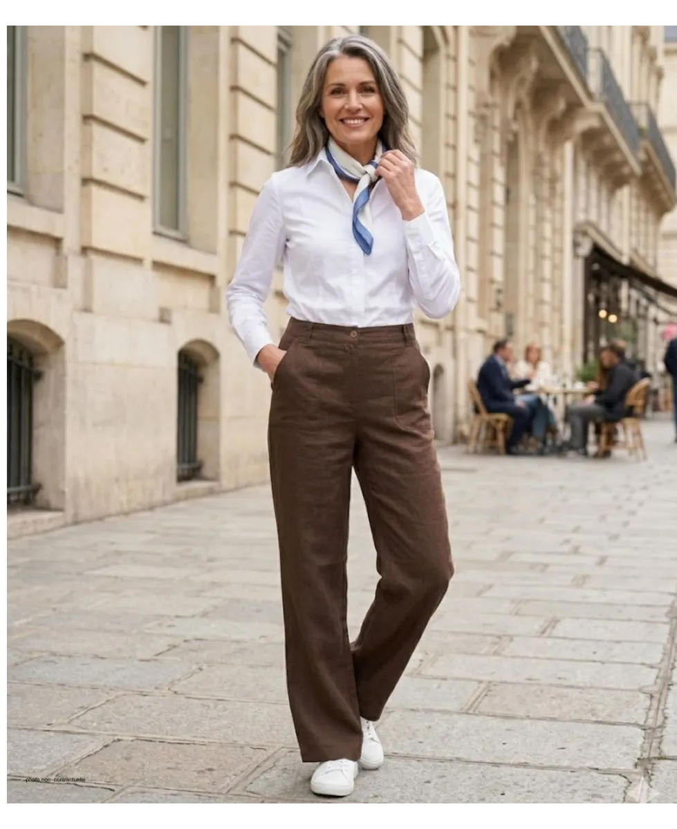 MAYFLOWER Basic Lin : Pantalon femme 100% lin Choco fluide