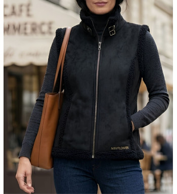 Gilet sans manches femme MAYFLOWER modèle 828070U001 en suédine noire avec fermeture zippée et col montant.