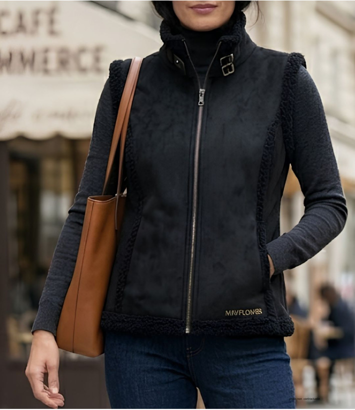 Gilet sans manches femme MAYFLOWER modèle 828070U001 en suédine noire avec fermeture zippée et col montant.