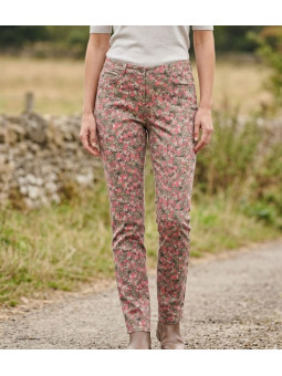 Pantalon femme imprimé à fleurs orange et rose MAYFLOWER modèle BELINDA2O en coton extensible.