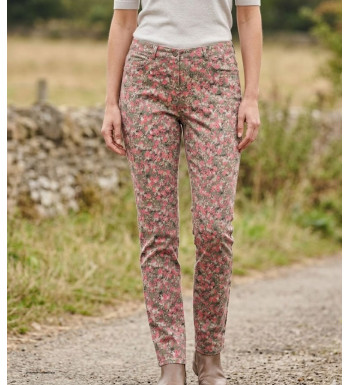 Pantalon femme imprimé à fleurs orange et rose MAYFLOWER modèle BELINDA2O en coton extensible.