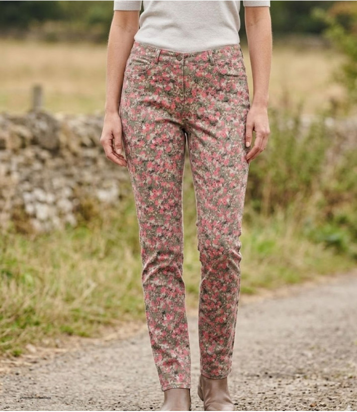 Pantalon femme imprimé à fleurs orange et rose MAYFLOWER modèle BELINDA2O en coton extensible.