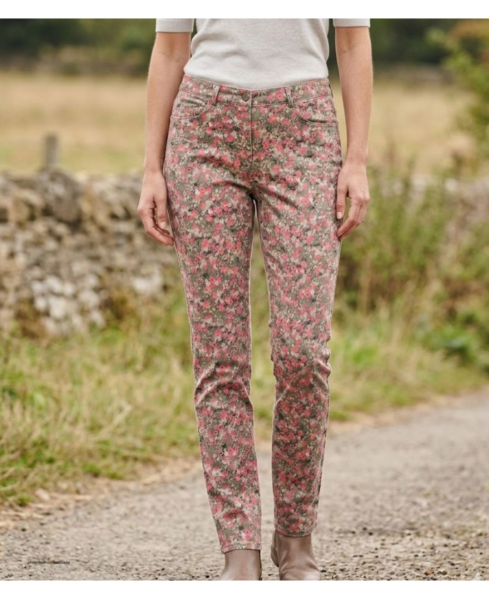 Pantalon femme imprimé à fleurs orange et rose MAYFLOWER modèle BELINDA2O en coton extensible.