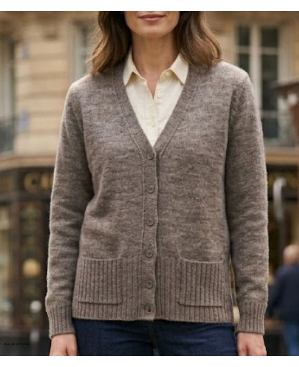 Gilet boutonné femme taupe MAYFLOWER modèle DERBY2T en maille de laine avec deux poches et col en V.