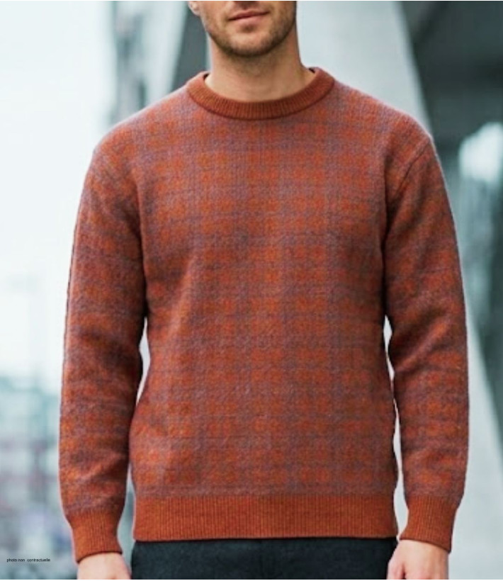 Pull homme MAYFLOWER modèle RH077T en maille 30% laine coloris orange tomette et gris acier à motifs Jacquard.
