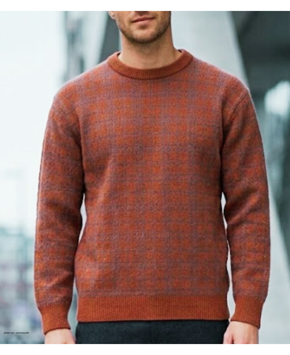 Pull homme MAYFLOWER modèle RH077T en maille 30% laine coloris orange tomette et gris acier à motifs Jacquard.