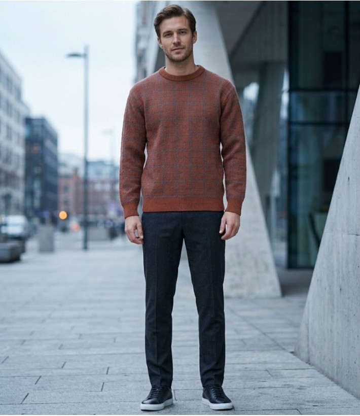 MAYFLOWER RH077T - Pull Jacquard 30% Laine Orange Tomette & Acier