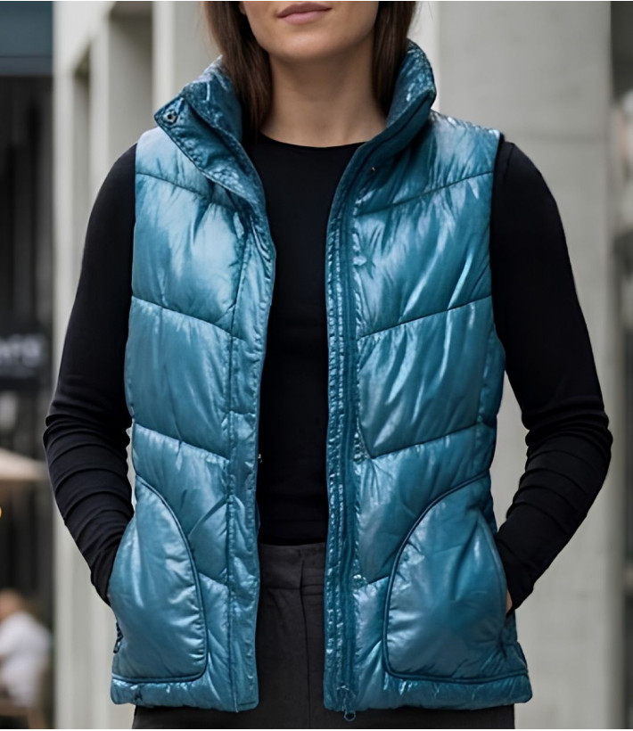Gilet sans manches matelassé femme bleu turquoise MAYFLOWER modèle SH1096T avec col montant et zip.