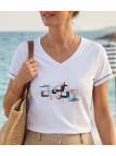 Haut femme blanc extensible MAYFLOWER modèle SE1204B en maille polyester et Lycra avec manches courtes.