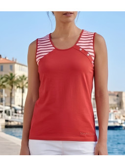 Tee-shirt sans manches Luxury Sport TF192C coloris Corail Écru avec rayures épaules et boutons nacre