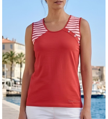 Tee-shirt sans manches Luxury Sport TF192C coloris Corail Écru avec rayures épaules et boutons nacre