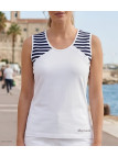 Tee-shirt sans manches TF192E Mode Directe beige écru à rayures marine avec boutons nacre sur l'épaule.