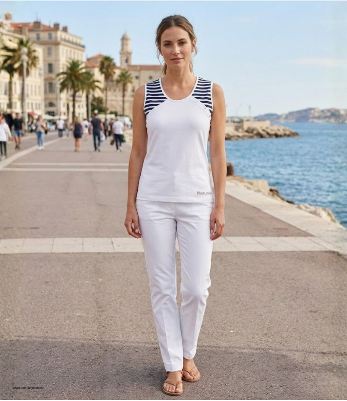 Tee-shirt sans manches TF192E Mode Directe - Coton Beige & Marine