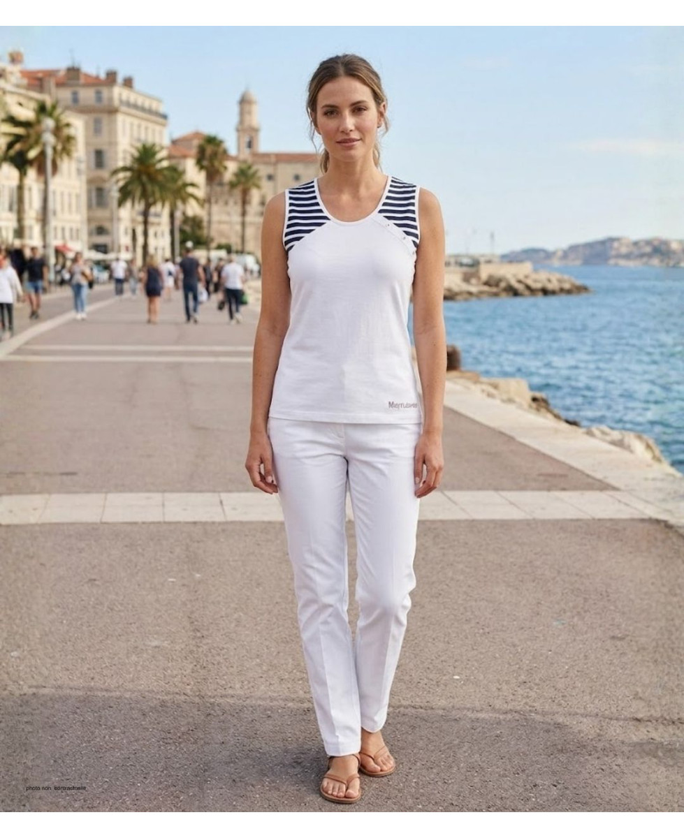 Tee-shirt sans manches TF192E Mode Directe - Coton Beige & Marine