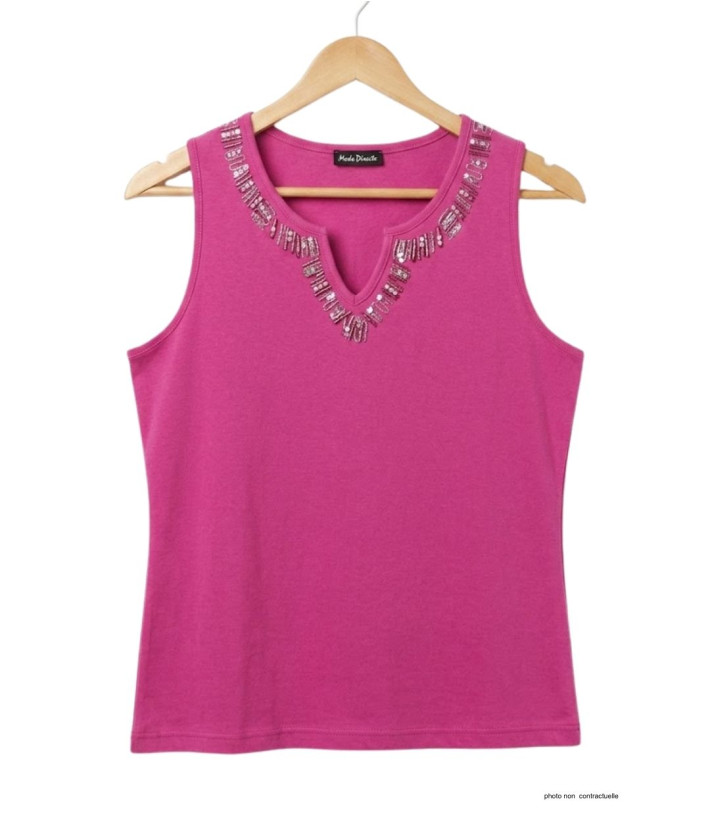 Débardeur femme MAYFLOWER REFAT - Coton Fushia & Strass