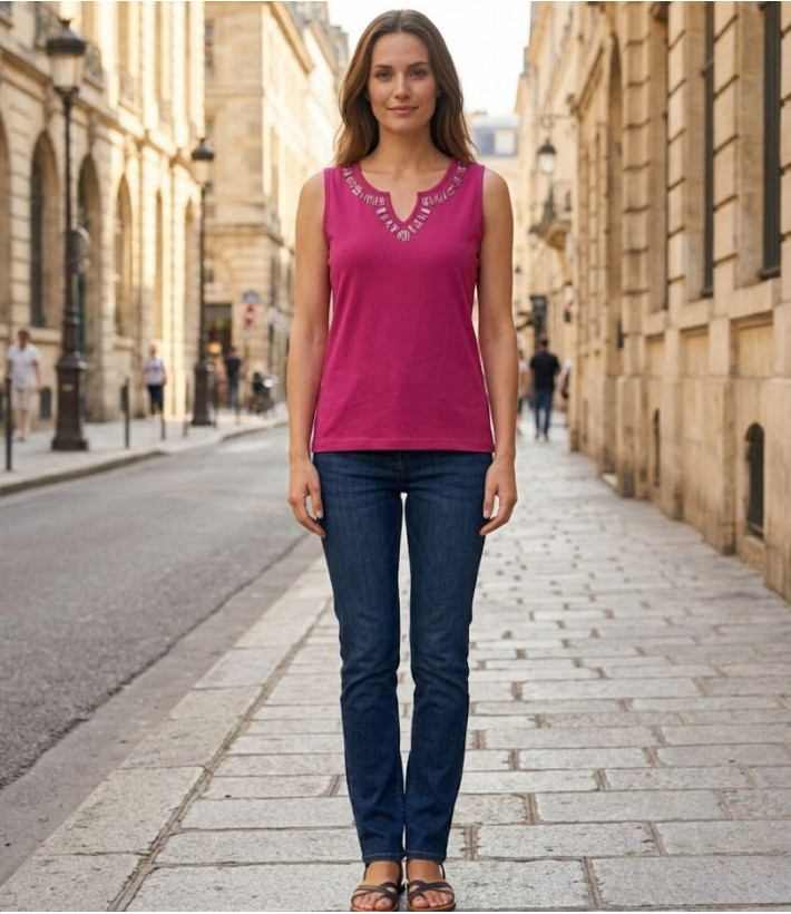 Débardeur femme MAYFLOWER REFAT - Coton Fushia & Strass