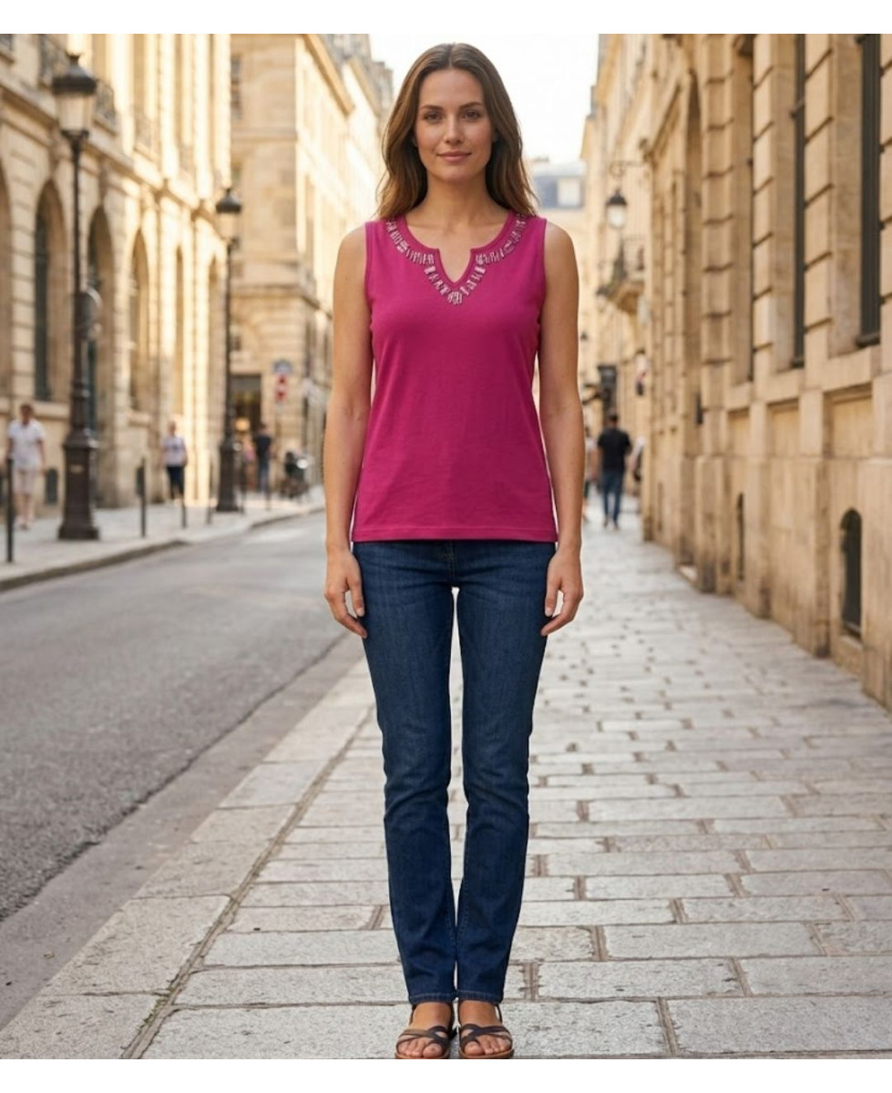 Débardeur femme MAYFLOWER REFAT - Coton Fushia & Strass