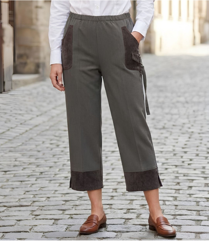 Pantacourt Bi-Matière Gris Femme Stretch