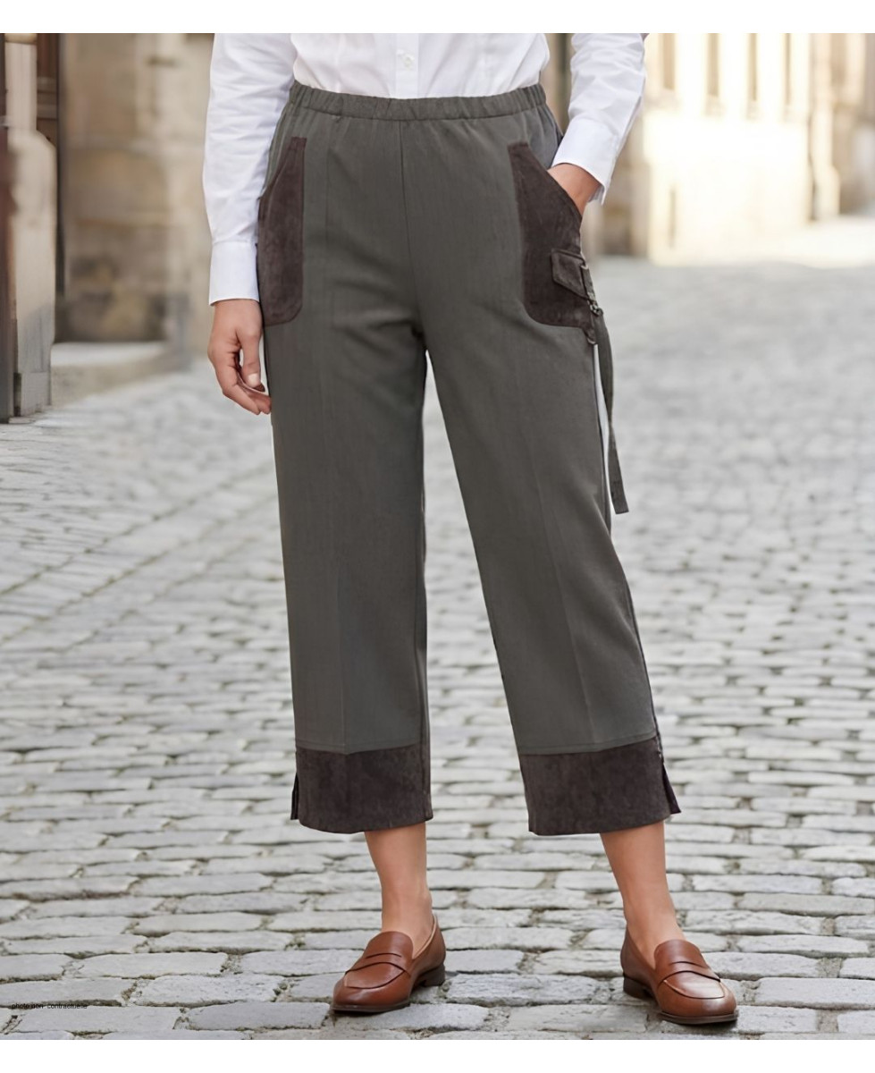 Pantacourt Bi-Matière Gris Femme Stretch