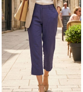 Pantacourt femme MAYFLOWER modèle MAJORCA2 coloris bleu indigo en 100% lin avec poches.