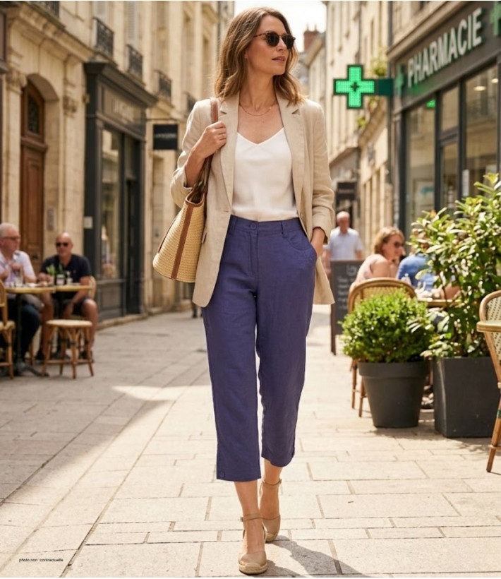 MAYFLOWER MAJORCA2 - Pantacourt 100% Lin Bleu Indigo
