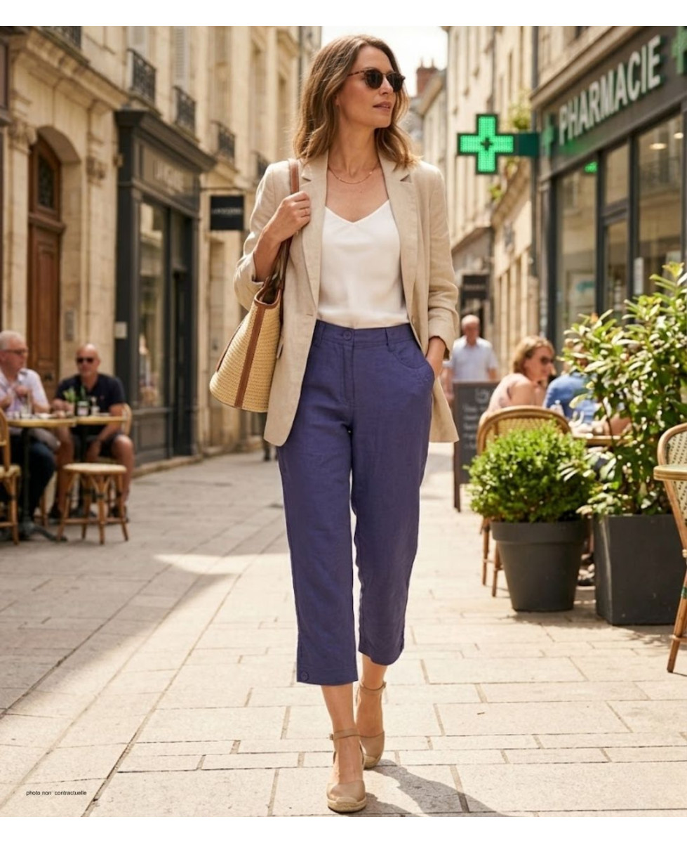 MAYFLOWER MAJORCA2 - Pantacourt 100% Lin Bleu Indigo