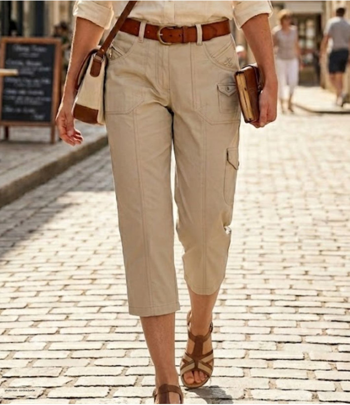 Pantacourt femme MAYFLOWER modèle MANDICA1 coloris beige en 100% coton avec poches zippées et boutonnées.