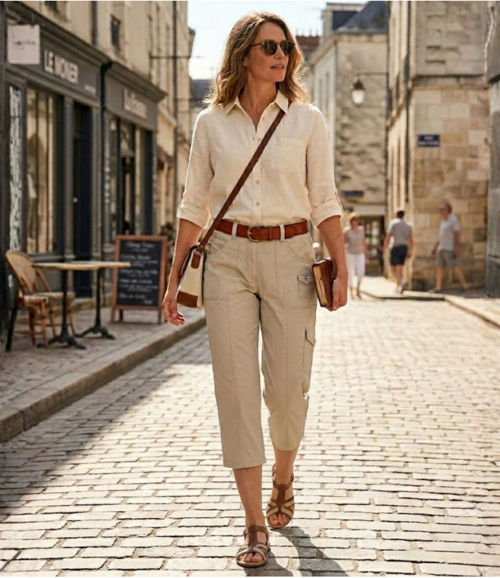 MAYFLOWER MANDICA1 - Pantacourt 100% Coton Beige Multi-poches