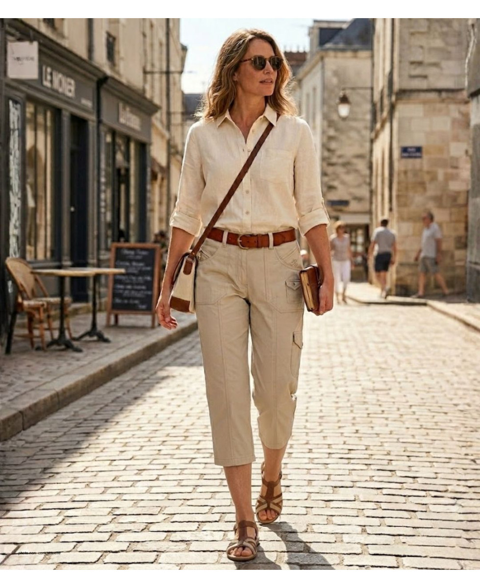 MAYFLOWER MANDICA1 - Pantacourt 100% Coton Beige Multi-poches