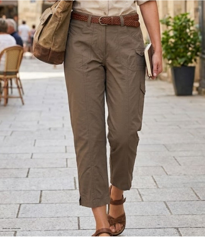 Pantacourt femme MAYFLOWER modèle MANDICA2 coloris marron noisette en 100% coton avec poches multiples.