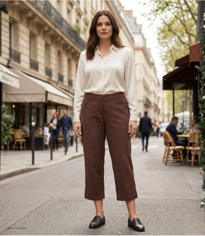 AXONE MARTY2 - Pantacourt Femme Lin Grandes Tailles Marron