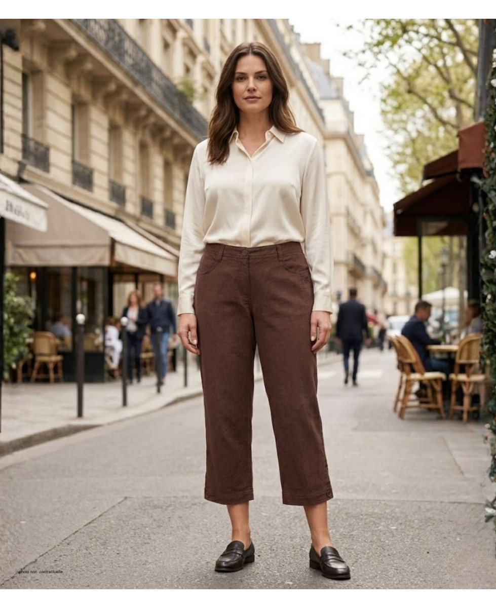 AXONE MARTY2 - Pantacourt Femme Lin Grandes Tailles Marron