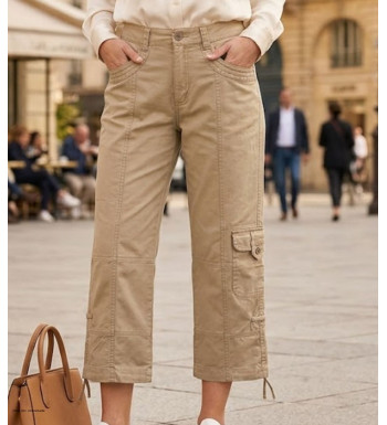 Pantacourt femme beige en pur coton avec poches cargo et longueur réglable, modèle MELINDA2 de MAYFLOWER.