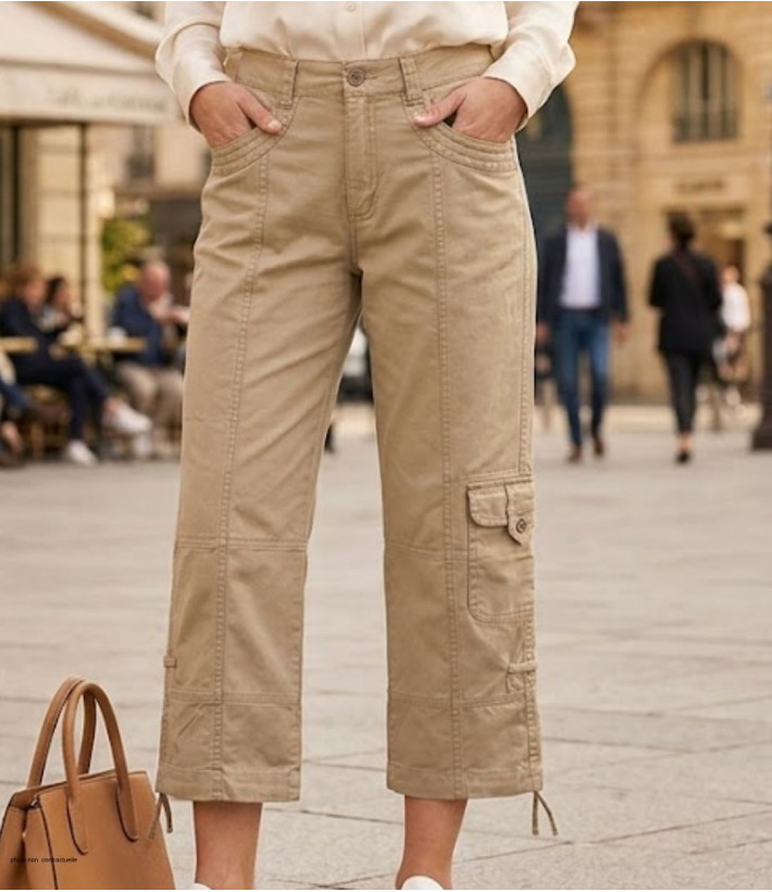 Pantacourt femme beige en pur coton avec poches cargo et longueur réglable, modèle MELINDA2 de MAYFLOWER.