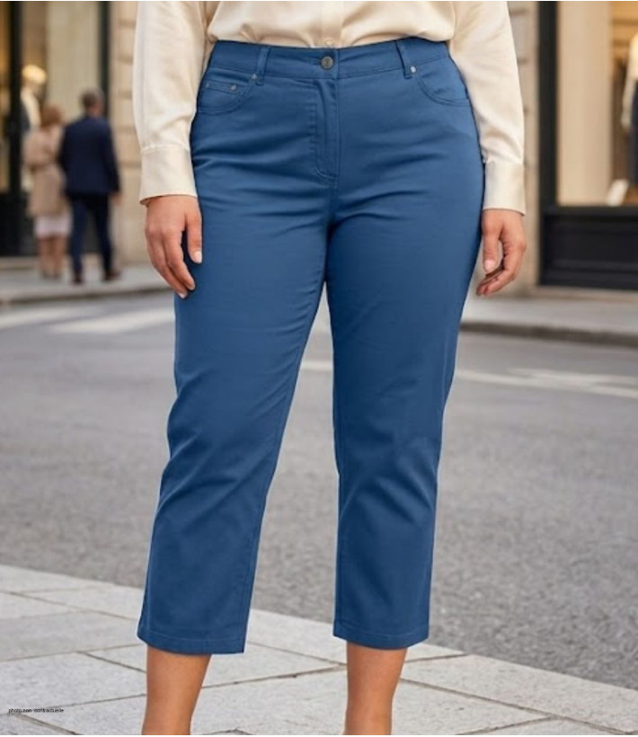 Pantacourt femme en tissu stretch bleu indigo coupe 5 poches modèle STRETCH.
