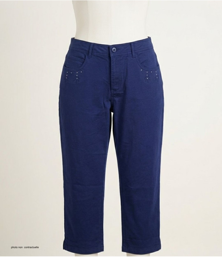 MAYFLOWER - Pantacourt Femme Marine Stretch et Brodée
