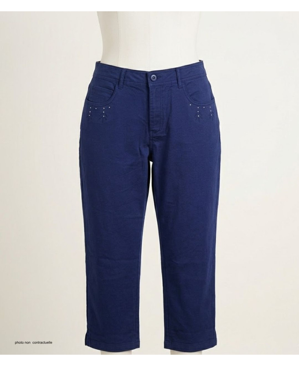 MAYFLOWER - Pantacourt Femme Marine Stretch et Brodée